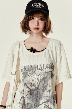 Summer Butterfly Print U-Neck Short Sleeve T-Shirt for Women - Spicy Girl American Style Loose Slimming Top