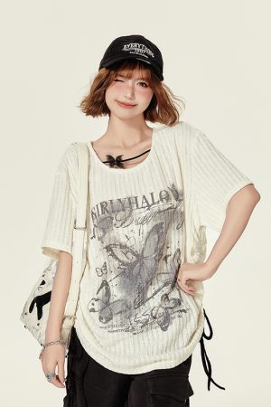 Summer Butterfly Print U-Neck Short Sleeve T-Shirt for Women - Spicy Girl American Style Loose Slimming Top