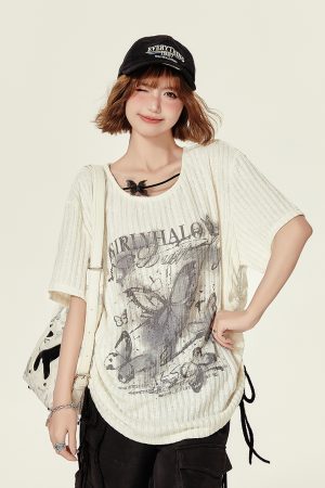 Summer Butterfly Print U-Neck Short Sleeve T-Shirt for Women - Spicy Girl American Style Loose Slimming Top