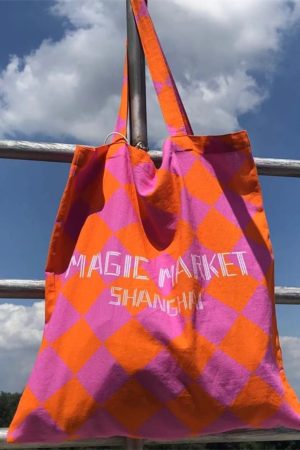 Summer Canvas Tote Bag with Pink Orange Diamond Pattern - Large Capacity Fashion Commute Bag for Magic Market Style