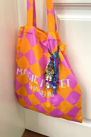 Summer Canvas Tote Bag with Pink Orange Diamond Pattern - Large Capacity Fashion Commute Bag for Magic Market Style