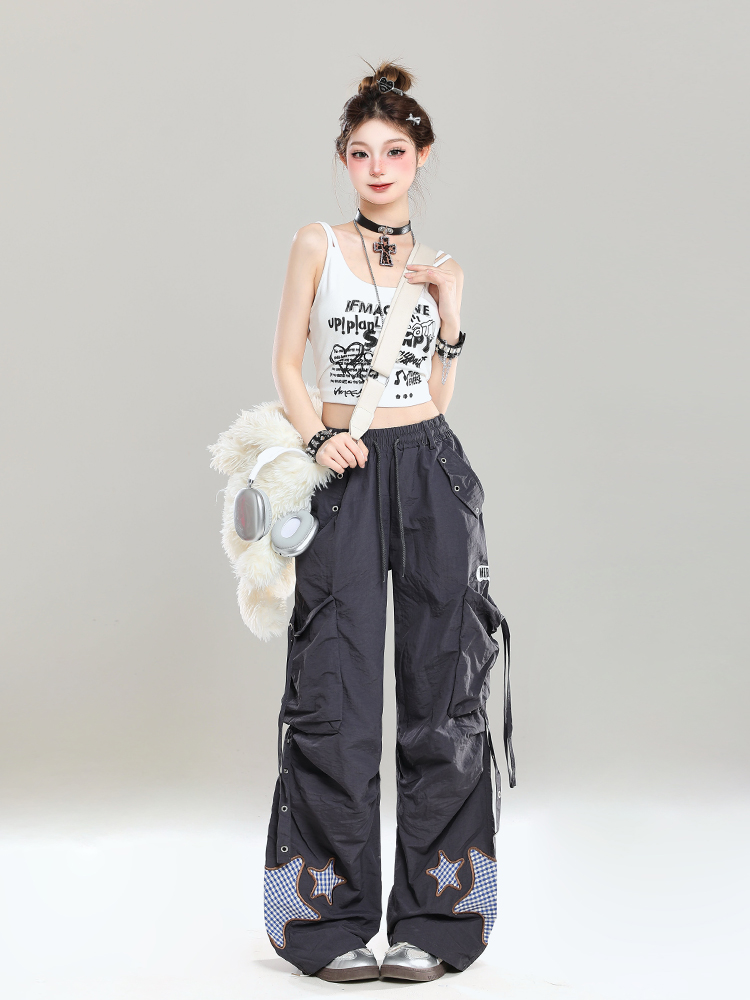 Summer Casual Cargo Pants for Girls - American Style Loose BF Drop-Crotch Design, Trendy and Cool Summer Casual Cargo Pants for Girls - American Style Loose BF Drop-Crotch Design, Trendy and Cool