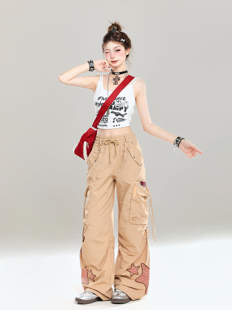 Summer Casual Cargo Pants for Girls - American Style Loose BF Drop-Crotch Design, Trendy and Cool Summer Casual Cargo Pants for Girls - American Style Loose BF Drop-Crotch Design, Trendy and Cool