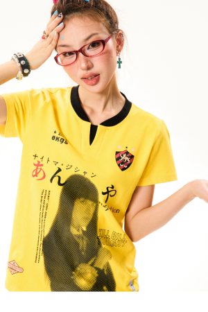 Summer Character Print Short Sleeve T-Shirt for Women - Casual Versatile Yellow Top, Trendy 90s Style