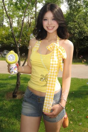 Summer Coconut Tree Rhinestone Yellow Tank Top - Spaghetti Strap Hot Girl Outfit, Hawaiian Style, Y2K Vibes