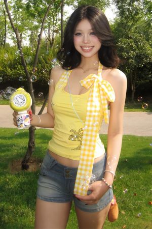 Summer Coconut Tree Rhinestone Yellow Tank Top - Spaghetti Strap Hot Girl Outfit, Hawaiian Style, Y2K Vibes