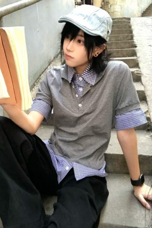 Summer Color-Blocked Retro Two-Piece Short Sleeve T-Shirt for Women - Slim Fit Polo Collar Flattering Shoulder Top