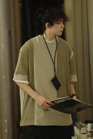 Summer Color-Blocking Design Round Neck Short Sleeve T-Shirt for Men - Trendy Casual Style, Perfect for 90s Aesthetic Fashion