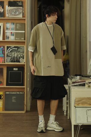 Summer Color-Blocking Design Round Neck Short Sleeve T-Shirt for Men - Trendy Casual Style, Perfect for 90s Aesthetic Fashion