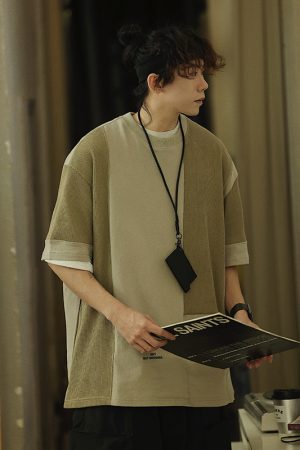 Summer Color-Blocking Design Round Neck Short Sleeve T-Shirt for Men - Trendy Casual Style, Perfect for 90s Aesthetic Fashion