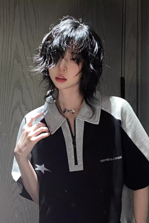 Summer Color-Blocking Short-Sleeve T-Shirt for Women - American College Style Polo Collar Round Neck Heavyweight Top