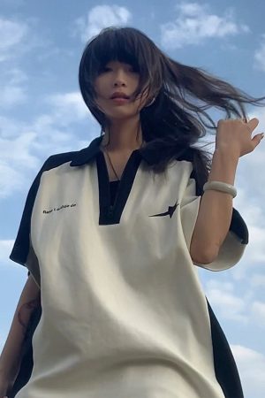 Summer Color-Blocking Short-Sleeve T-Shirt for Women - American College Style Polo Collar Round Neck Heavyweight Top