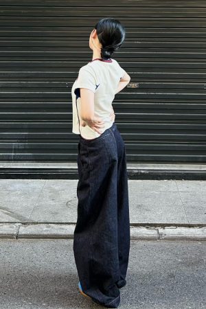 Summer Color-Blocking Spliced Jersey T-Shirt for Women - Retro Short Sleeve Slim Fit V-Neck Cropped Top