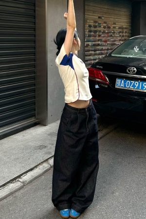 Summer Color-Blocking Spliced Jersey T-Shirt for Women - Retro Short Sleeve Slim Fit V-Neck Cropped Top