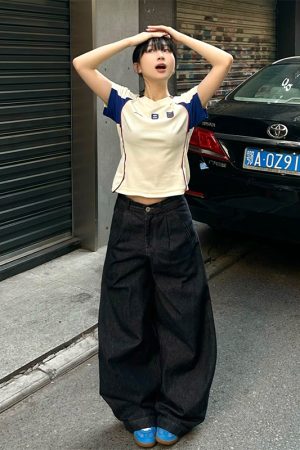 Summer Color-Blocking Spliced Jersey T-Shirt for Women - Retro Short Sleeve Slim Fit V-Neck Cropped Top