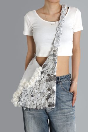 Summer Cute Cat Tote Bag with Silver Sequins - Trendy Large Capacity Shoulder Crossbody Bag