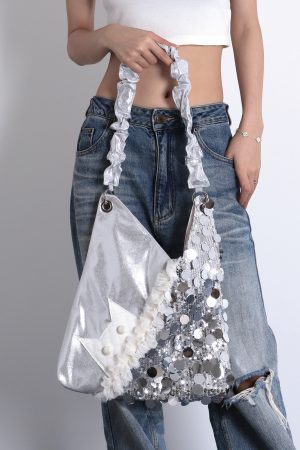 Summer Cute Cat Tote Bag with Silver Sequins - Trendy Large Capacity Shoulder Crossbody Bag