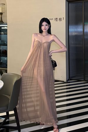 Summer Dazzling Strapless Mesh Dress for Women - Sexy Backless High-End Long Dress in 90s Style