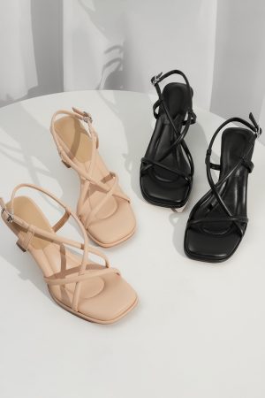 Summer Elegant Sheepskin French Cross-Strap Square-Toe Sandals for Women, Versatile Thin-Heeled Roman High Heels