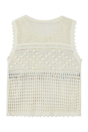 Summer Ethnic Style Knitted Vest with Lace Hollow Design and Bead Tassels - Short Sleeveless Top for Boho and Festival Fashion
