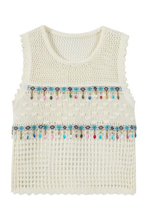 Summer Ethnic Style Knitted Vest with Lace Hollow Design and Bead Tassels - Short Sleeveless Top for Boho and Festival Fashion