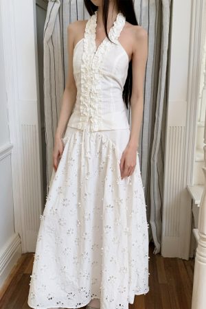 Summer Floral Edge Halter Camisole - Women's Garden-Style Slim Neck White Top for Y2K and 90s Fashion