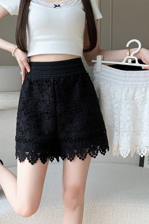 Summer Floral Embroidery Hollow Lace Wide-Leg Short Skirt with Elastic Waist for Beach Vacation Outerwear