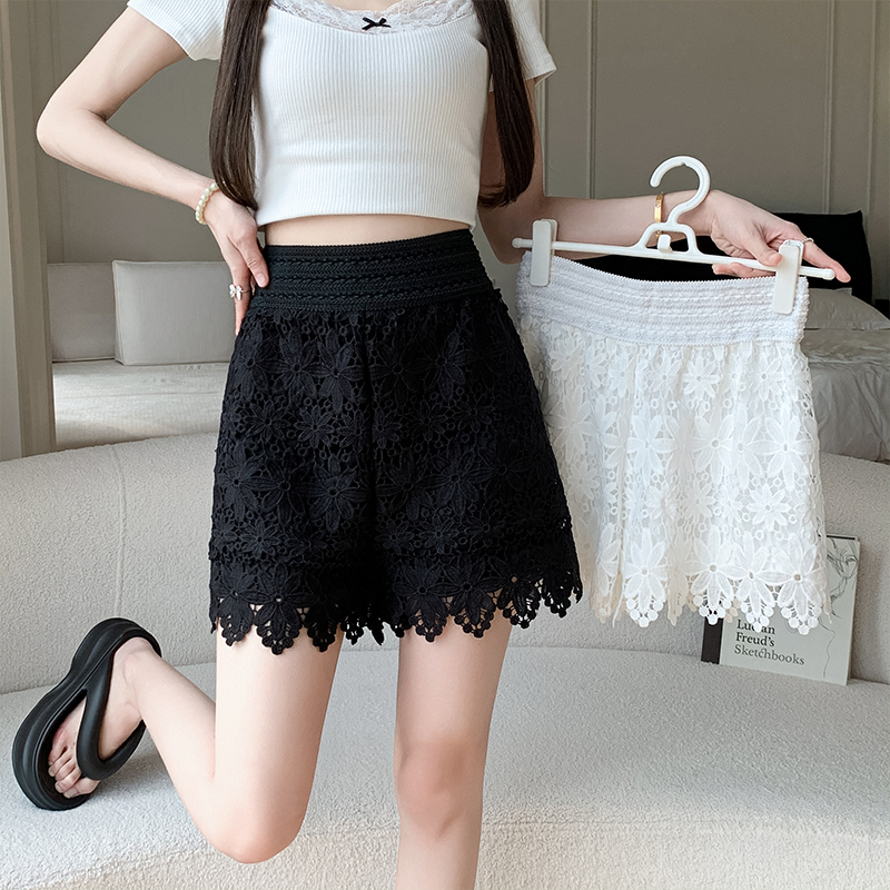 Summer Floral Embroidery Hollow Lace Wide-Leg Short Skirt with Elastic Waist for Beach Vacation Outerwear Summer Floral Embroidery Hollow Lace Wide-Leg Short Skirt with Elastic Waist for Beach Vacation Outerwear