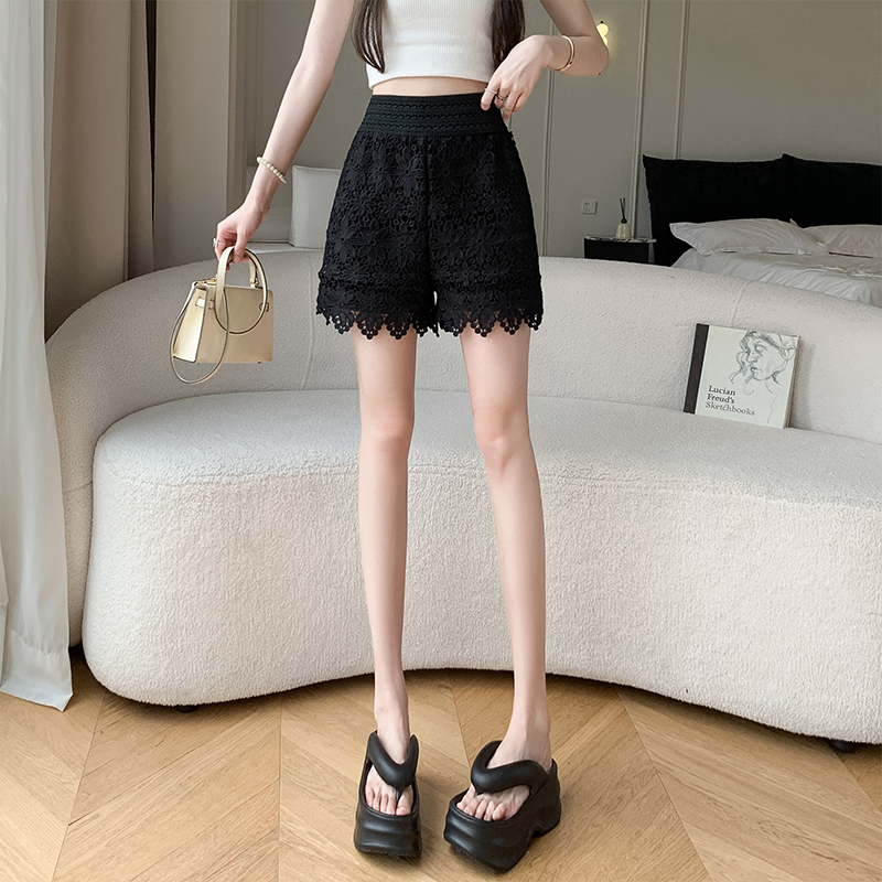 Summer Floral Embroidery Hollow Lace Wide-Leg Short Skirt with Elastic Waist for Beach Vacation Outerwear Summer Floral Embroidery Hollow Lace Wide-Leg Short Skirt with Elastic Waist for Beach Vacation Outerwear