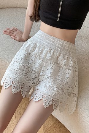 Summer Floral Embroidery Hollow Lace Wide-Leg Short Skirt with Elastic Waist for Beach Vacation Outerwear