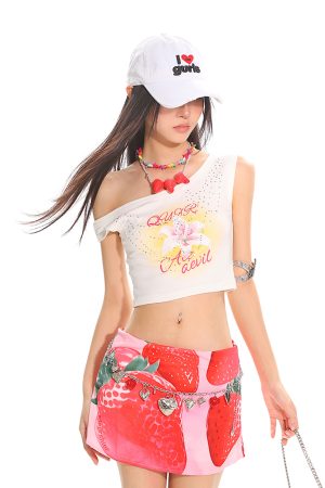 Summer Floral Print Rhinestone Design Asymmetrical Shoulder Crop Tank Top for Hot Girl Style