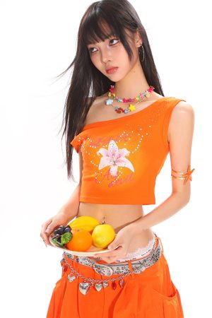 Summer Floral Print Rhinestone Design Asymmetrical Shoulder Crop Tank Top for Hot Girl Style