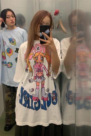 Summer Graffiti Artist Design Loose Fit Cotton Short Sleeve T-Shirt - Trendy Casual Wear for 90s and Y2K Style