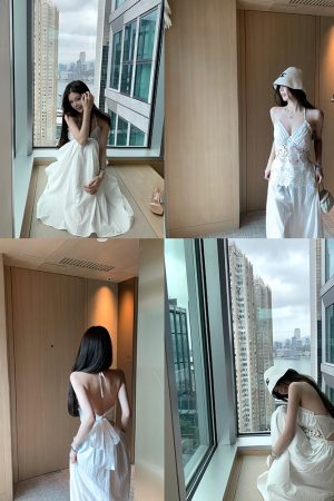 Summer Halter Neck Dress in Jasmine White Tea with Lace Splice - Long Vacation Dress for a Chic 90s Look