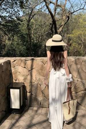 Summer Halter Neck Dress in Jasmine White Tea with Lace Splice - Long Vacation Dress for a Chic 90s Look