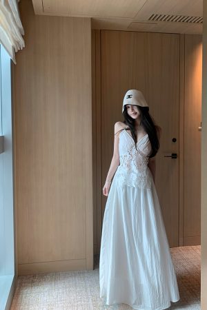 Summer Halter Neck Dress in Jasmine White Tea with Lace Splice - Long Vacation Dress for a Chic 90s Look