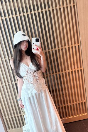 Summer Halter Neck Dress in Jasmine White Tea with Lace Splice - Long Vacation Dress for a Chic 90s Look