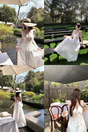 Summer Halter Neck Dress in Jasmine White Tea with Lace Splice - Long Vacation Dress for a Chic 90s Look