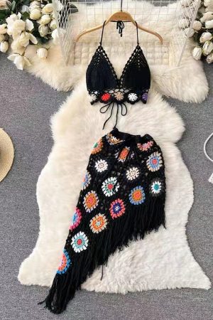 Summer Halter Neck Two-Piece Set for Women, Backless High-Waisted Skirt with Hollow-Out Design and Tassels, Beach Vacation Outfit