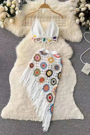 Summer Halter Neck Two-Piece Set for Women, Backless High-Waisted Skirt with Hollow-Out Design and Tassels, Beach Vacation Outfit