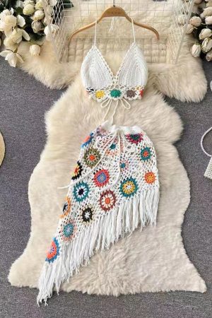 Summer Halter Neck Two-Piece Set for Women, Backless High-Waisted Skirt with Hollow-Out Design and Tassels, Beach Vacation Outfit