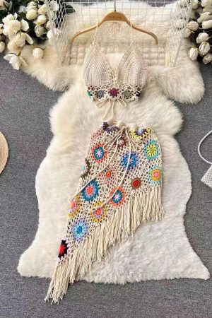 Summer Halter Neck Two-Piece Set for Women, Backless High-Waisted Skirt with Hollow-Out Design and Tassels, Beach Vacation Outfit