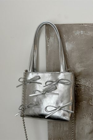 Summer High-End Women's Bucket Handbag with Chain and Silver Bow - Trendy 2025 Fashion Accessory