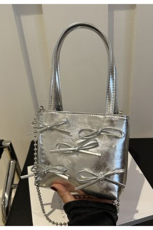 Summer High-End Women's Bucket Handbag with Chain and Silver Bow - Trendy 2025 Fashion Accessory