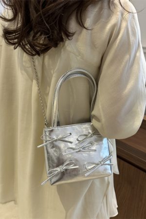 Summer High-End Women's Bucket Handbag with Chain and Silver Bow - Trendy 2025 Fashion Accessory