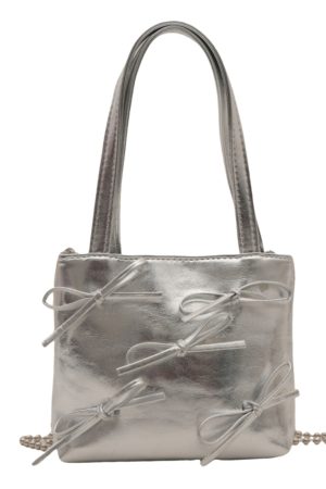 Summer High-End Women's Bucket Handbag with Chain and Silver Bow - Trendy 2025 Fashion Accessory