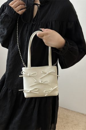 Summer High-End Women's Bucket Handbag with Chain and Silver Bow - Trendy 2025 Fashion Accessory