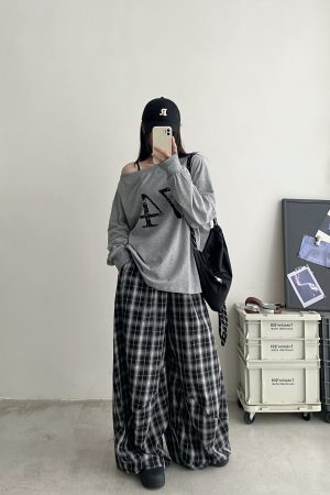 Summer High-Waisted Wide-Leg Checkered Casual Pants for Women - Loose Fit Draping Effect, Straight Leg, Trendy Everyday Style