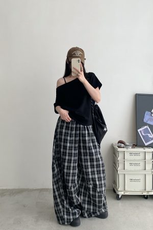 Summer High-Waisted Wide-Leg Checkered Casual Pants for Women - Loose Fit Draping Effect, Straight Leg, Trendy Everyday Style