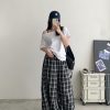 Summer High-Waisted Wide-Leg Checkered Casual Pants for Women - Loose Fit Draping Effect, Straight Leg, Trendy Everyday Style